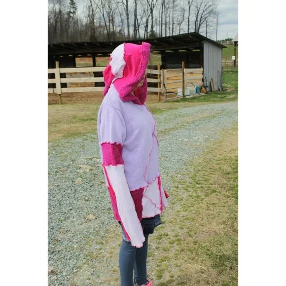 Upcycled Sweater Pink Red LL Bean Heavy XL/XXL 23" Bust Hooded Elven Fairy Boho - Picture 7 of 12